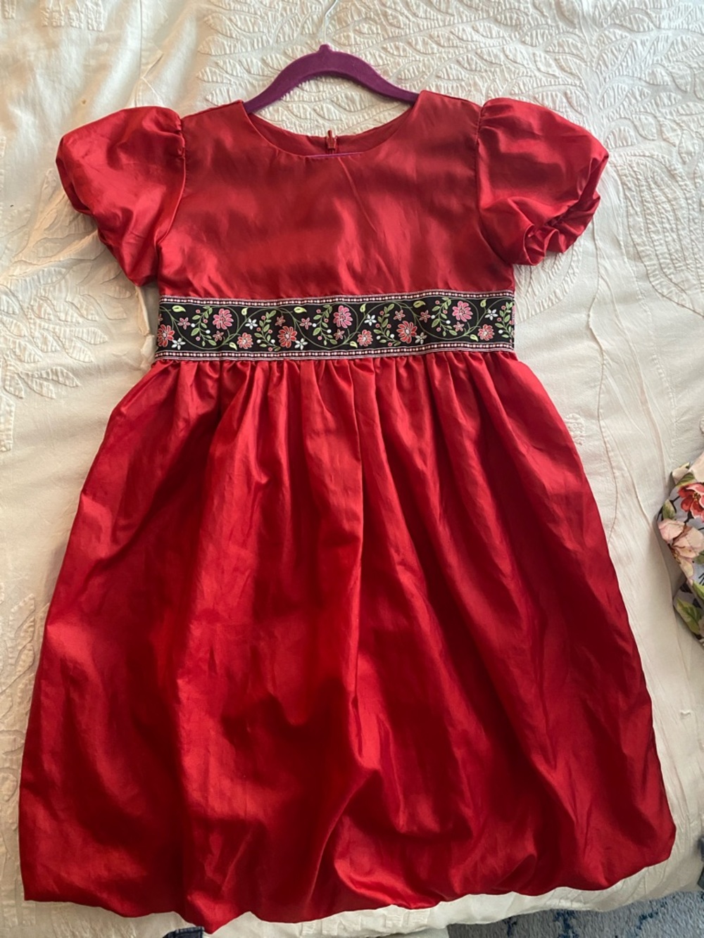 Classic Red Girls' Party Dress with Embroidered Waist
